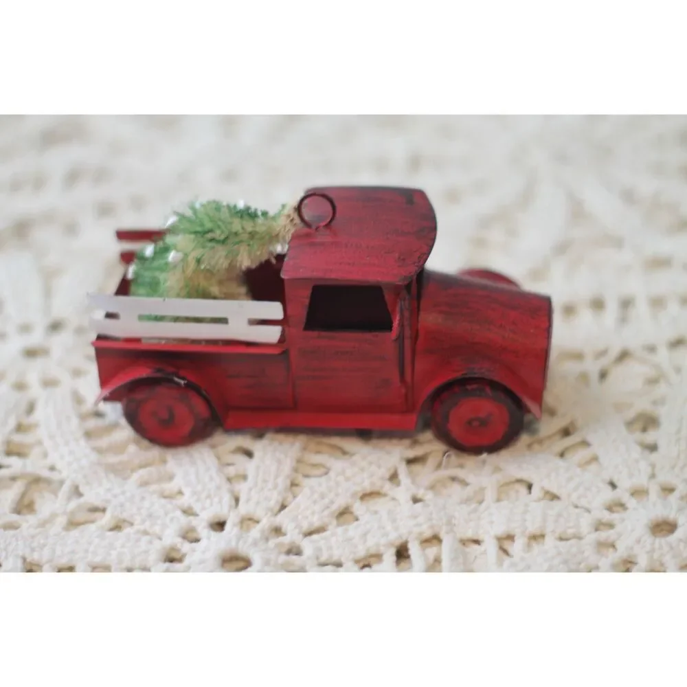 farmhouse style Christmas ornament with vintage style red pickup truck and tree
